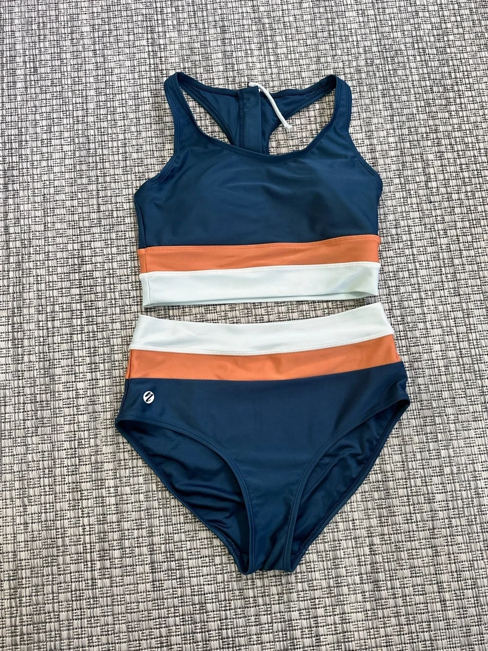 Nani Recycled Atlantic color block cut back crop swim top and bottom sz Small